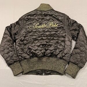 Southpole Womens Quilted Bomber Jacket Black Gold Metallic Y2K Streetwear Large